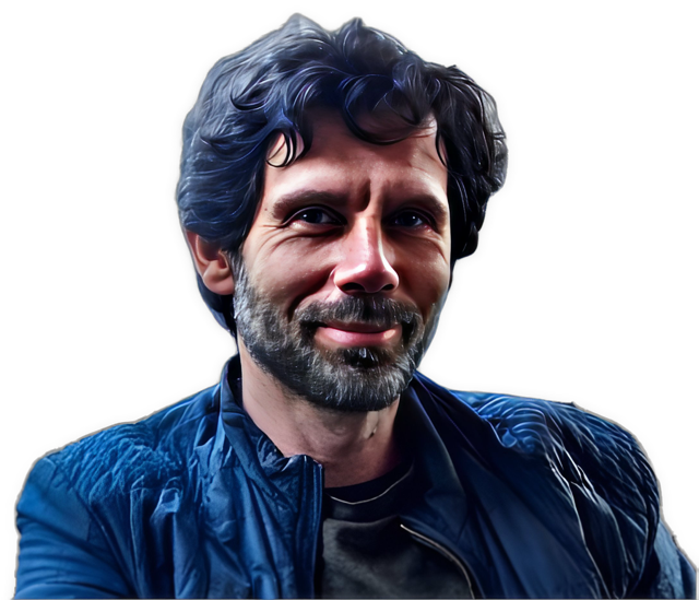 An enhanced photographic cutout of Jeroen Vandaele, with a salt and pepper black beard and wearing a dark blue shirt under a dark blue quilted outerwear jacket, is used for visual identification. 