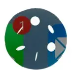 A 2D filled-in circle with a dark gray center, green on the left and blue on the right, five white spots, and a red spot in the upper left is used as a bullet point.